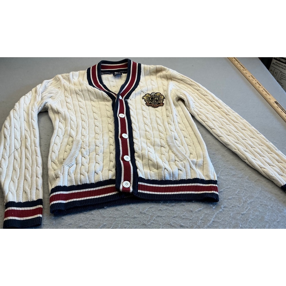 LRG Vintage Cardigan Sweater Cable Knit Varsity Crest Cream Mens Size M